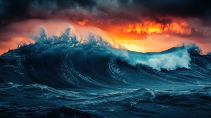 Fototapeta premium Dramatic ocean waves crashing at fiery sunset