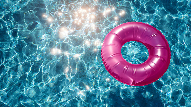 Bright pink pool float surrounded by shimmering turquoise water on a sunny day