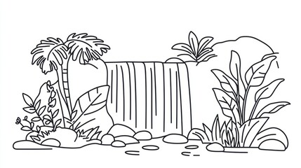 Simple black and white line art of a tropical waterfall cascading over rocks, with lush foliage and palm trees