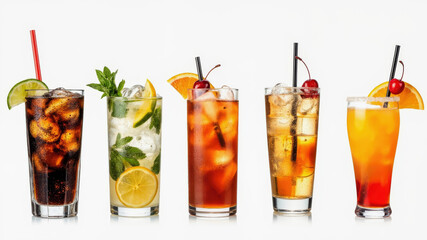 Five different refreshing beverages are arranged in clear glasses. Each drink features ice and garnishes like mint, citrus slices, and cherries, perfect for a summer event