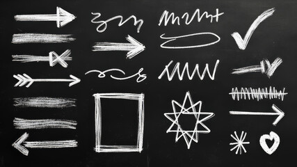 Chalk sketches of different arrow designs and abstract shapes adorn a black chalkboard, showcasing creativity and artistic expression during an art class activity