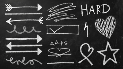 Students are exploring creativity on a chalkboard, drawing arrows, hearts, and abstract shapes during an art class in a vibrant classroom environment