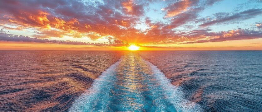 Dramatic sunset over ocean wake