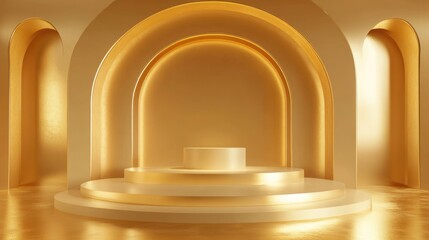 3D Gold podium with gold stage product display. Minimal scene for mockup products, stage showcase, promotion display.