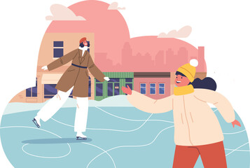 Mother daughter ice-skating in park