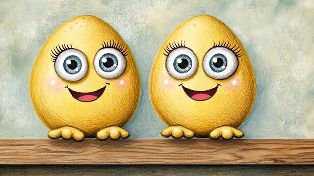 Two yellow eggs with big eyes and happy faces sit on a wooden shelf against a light blue wall