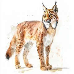 Obraz premium A detailed watercolor painting captures a beautiful lynx with striking yellow eyes and distinctive ear tufts, its reddish-brown fur detailed with subtle spots, set against a white background.