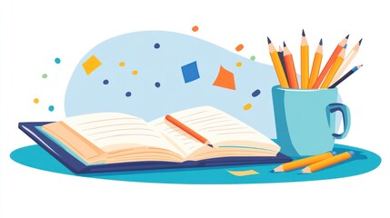 Open book and pencils in a mug with colorful paper shapes background