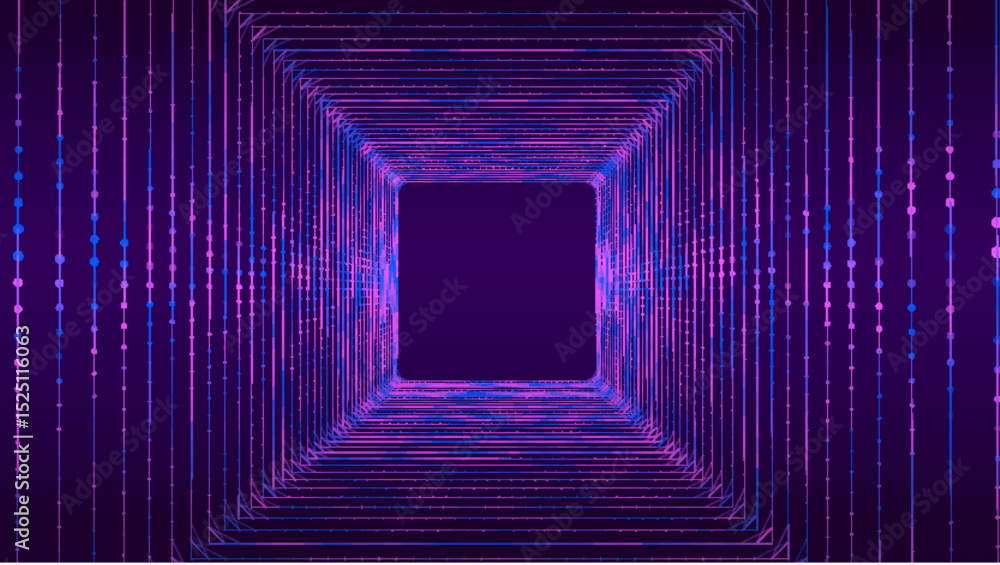 Poster technology wireframe square tunnel on blue background. futuristic 3d wormhole grid. big data visuali
