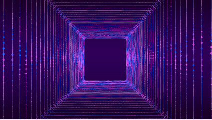 Technology wireframe square tunnel on blue background. Futuristic 3D wormhole grid. Big data visualization. Vector illustration.