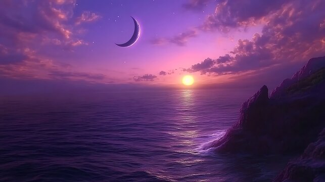 Beautiful celestial scene featuring an ocean sunset and a crescent moon