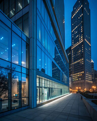 Obraz premium modern office building in night, Modern office building facade with blue tinted windows and glowing lights at night