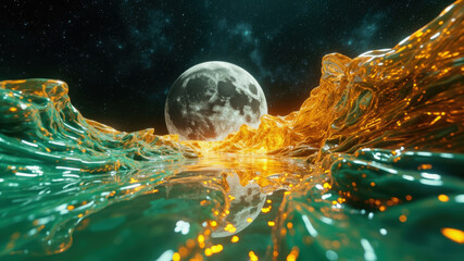 Vibrant waves of green and orange flow gracefully towards a mirror-like surface, reflecting a bright full moon in a starry night sky. The scene evokes a dreamlike atmosphere