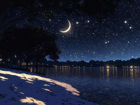 A night scene of the lake with a starry crescent moon