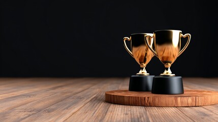 Two golden trophies sit on a wooden surface against a dark background, symbolizing achievement and success