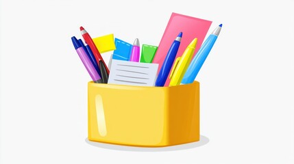 Fototapeta premium Yellow pen holder with pens, notepaper, ruler, sticky notes on white