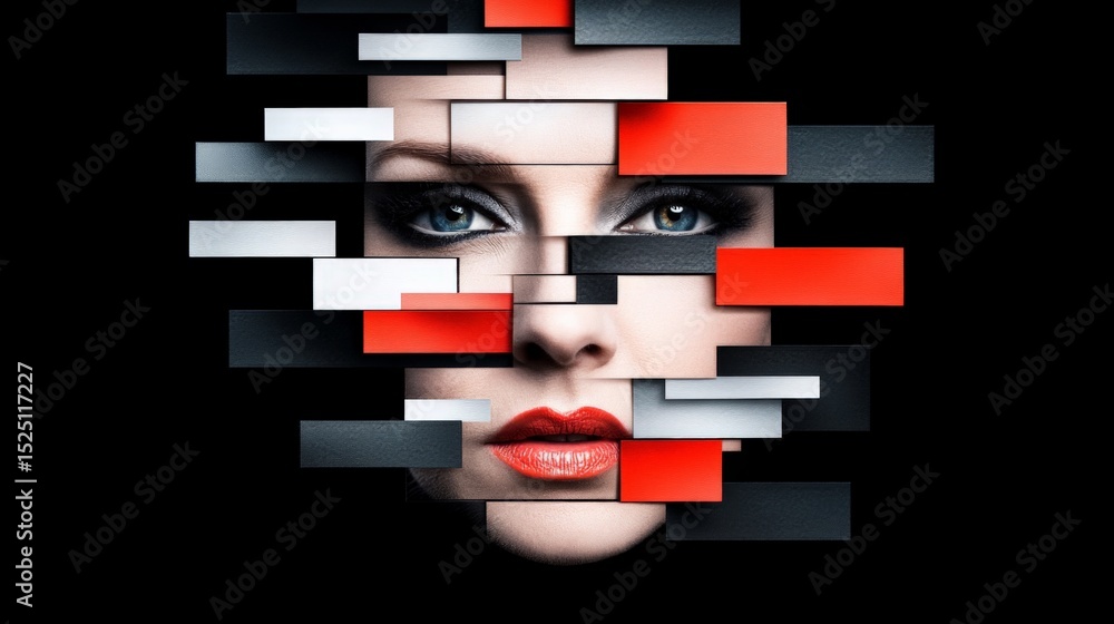 Poster digital art of a woman's face fragmented into colorful rectangular blocks with a dark background