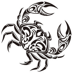 A powerful and stylish tribal tattoo design of a crab. This vector illustration uses bold, black, flowing lines and sharp angles to create a symmetrical and impactful piece of art. It's perfect for ta