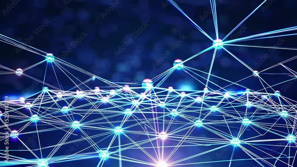 Poster Connections and interactions in a digital network visualization with glowing nodes and lines