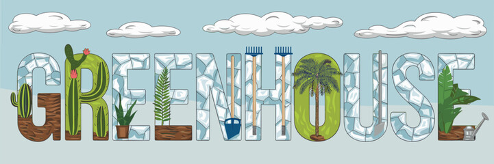 Greenhouse text with plants and gardening tools – Great for eco branding, gardening blogs, or educational materials