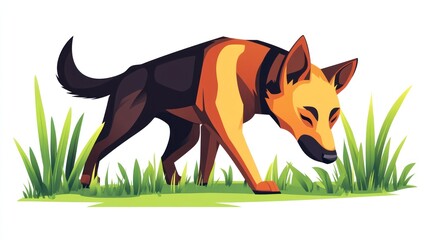 Cartoon dog sniffing in grass, black back, orange head. Simple style