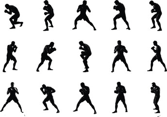 Silhouette Icons of Boxers in Action: Various Boxing Poses and Movements for Sports Design