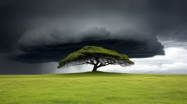 A lone tree stands on a grassy field beneath a dark, stormy sky with heavy clouds - Powered by Adobe