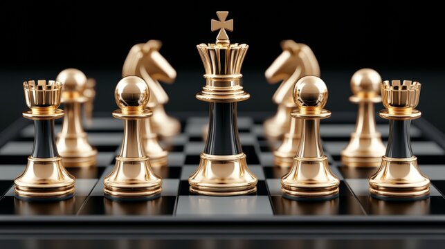 A close-up of a gold and black chess set with a winning king piece on a chessboard