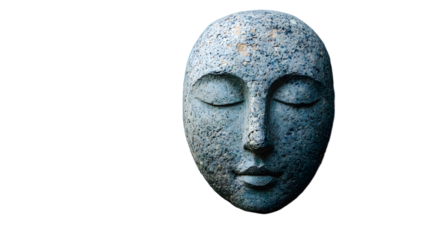 A head with a stone face is on a blue background
