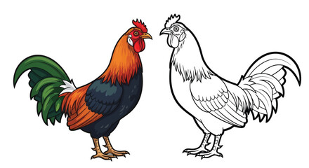 Fototapeta premium Red Junglefowl Coloring Page Presenting Colored and Outline Bird Illustrations