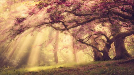 Sunlit forest adorned with blooming trees