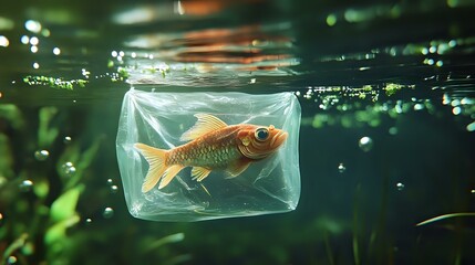 A fish trapped in a transparent plastic bag floating near the water surface in a clear lake with algae and bubbles around, brightly illuminated and detailed