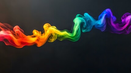 A smooth flow of rainbow gas smoke rising in curves against a dark clean backdrop, filled with vibrant hues and celebration vibes