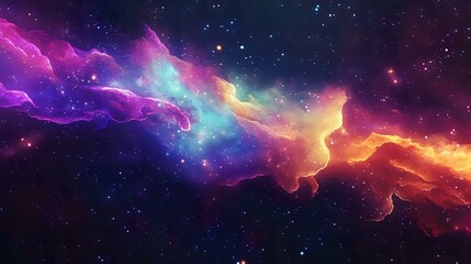 A vibrant cosmic animation showing illustrated galaxies morphing into luminous abstract shapes against a dark universe backdrop with glowing effects