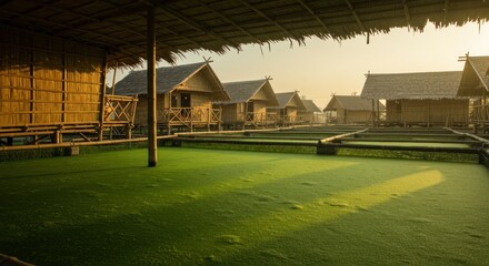 Obraz premium Rustic wooden huts in a grassy setting