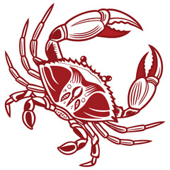 A clean and bold vector illustration of a red crab in a minimalist flat design style. The symmetrical, top-down view makes it perfect for use as a logo, icon, or a central design element. Its simple s