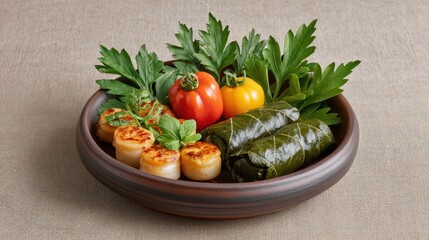 Mediterranean diet meal organic tapas concept. Colorful plate of rolled vegetables and herbs, showcasing fresh ingredients and culinary presentation.