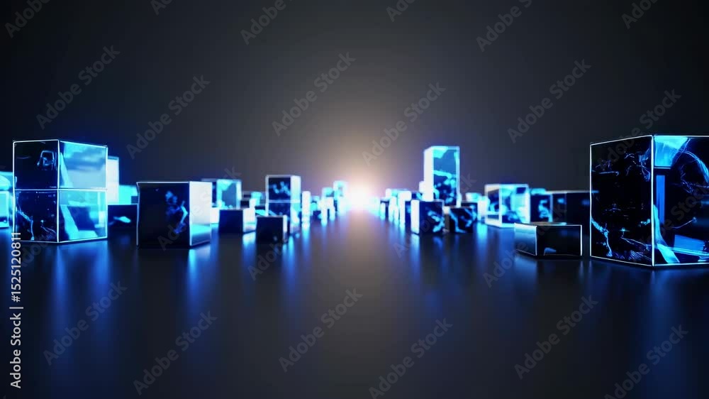 Leinwandbilder Visual display of illuminated cubes creating a captivating futuristic landscape in a dark environment