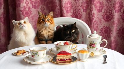 a table set up with tea cups and desserts and cats