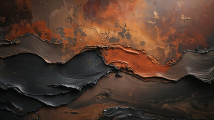 Abstract painting featuring textured dark and orange hues reminiscent of a landscape scene art