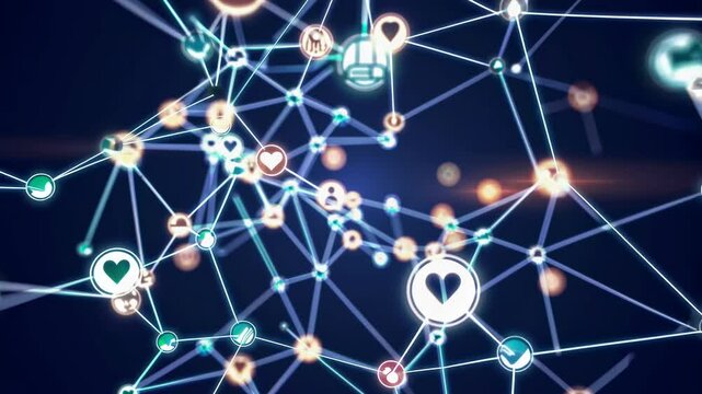 Exploring connections in a digital network with vibrant icons and data flows