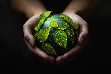 Earth held in hands, adorned with leaves