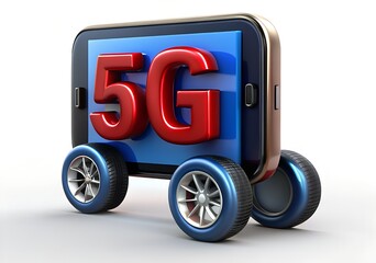 3d illustration rendering of word text 5g on smartphone mobile phone screen with wheels