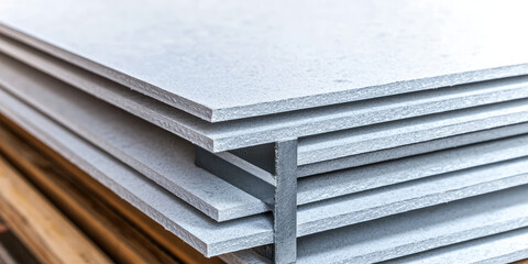 Obraz premium Metal sheets are stacked in a pile, showing their thickness and smooth surface. Industrial material, construction supply