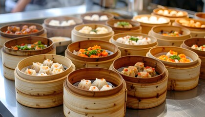 Fototapeta premium Steaming bamboo baskets filled with delicious dim sum variety