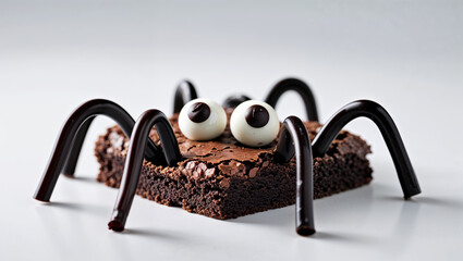 A halloween treat a chocolate brownie decorated like a spider with candy eyes and licorice legs