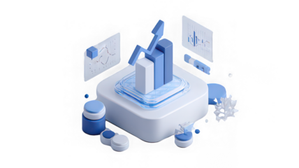 3D bar chart, arrow, and graphs show financial growth