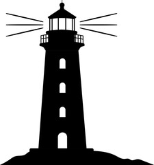 Lighthouse black silhouette or nautical navigation light beacon design element isolated on a transparent background