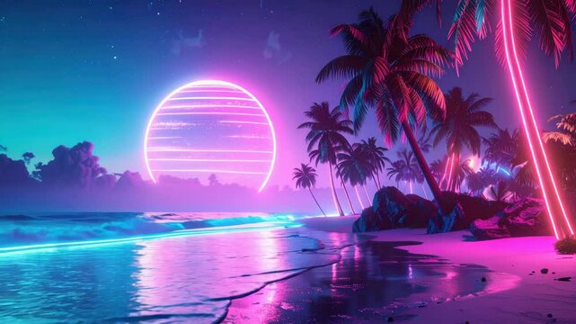 Neon sun descending behind tropical palms, radiating synthwave aesthetic and vivid gradient skyline.