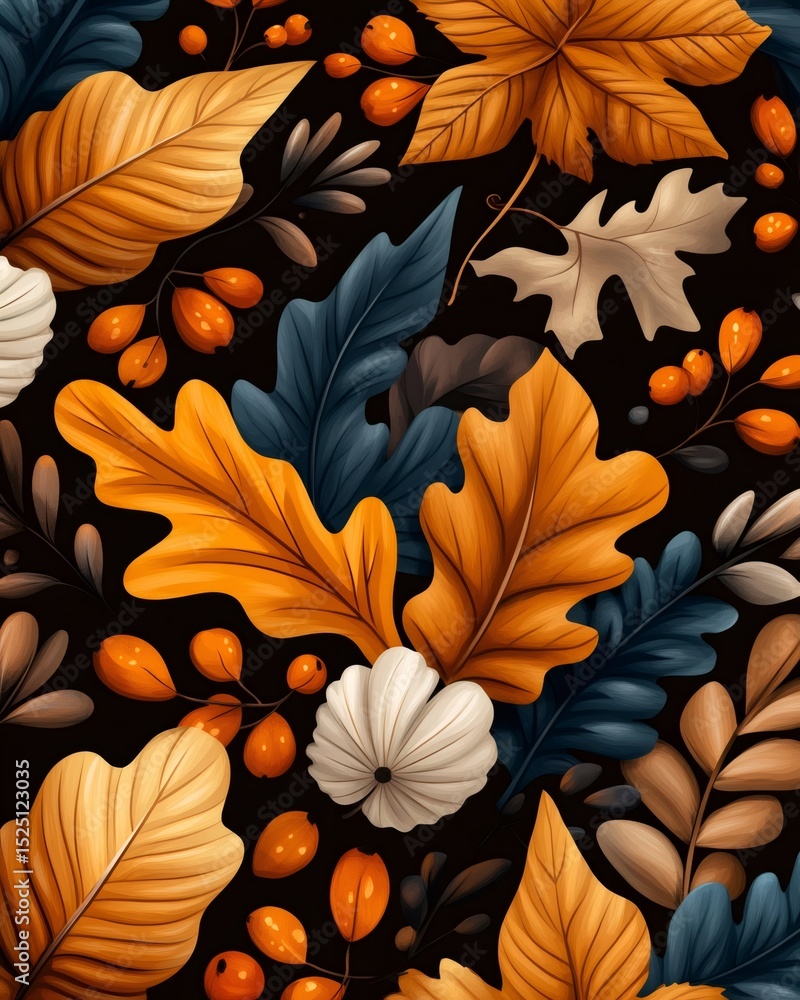 Poster autumn leaves and berries creating a vibrant fall pattern on dark background